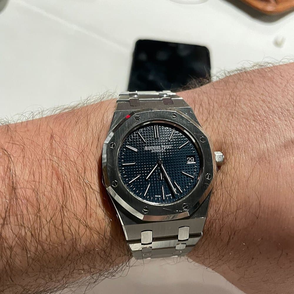 Audemars Piguet Royal Oak with a blue tapisserie dial on the wrist