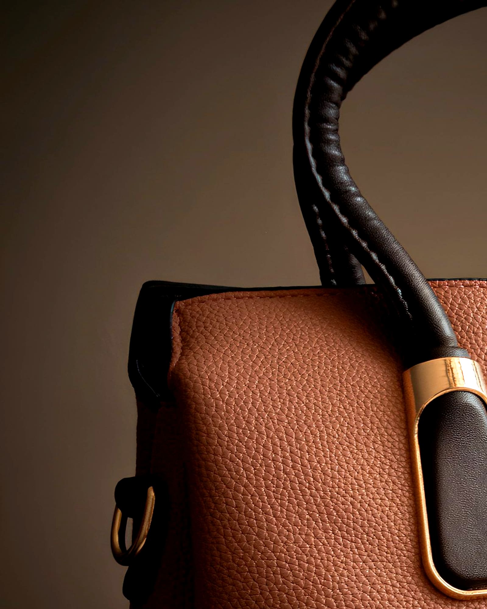 Cognac grained leather bag with a wrapped handle and gold clasp — detail view