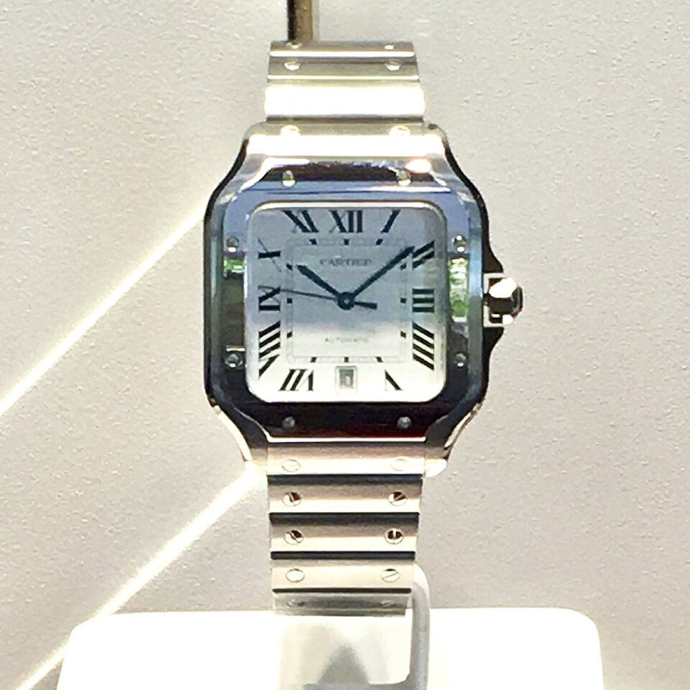 Cartier Santos with a square case and steel bracelet