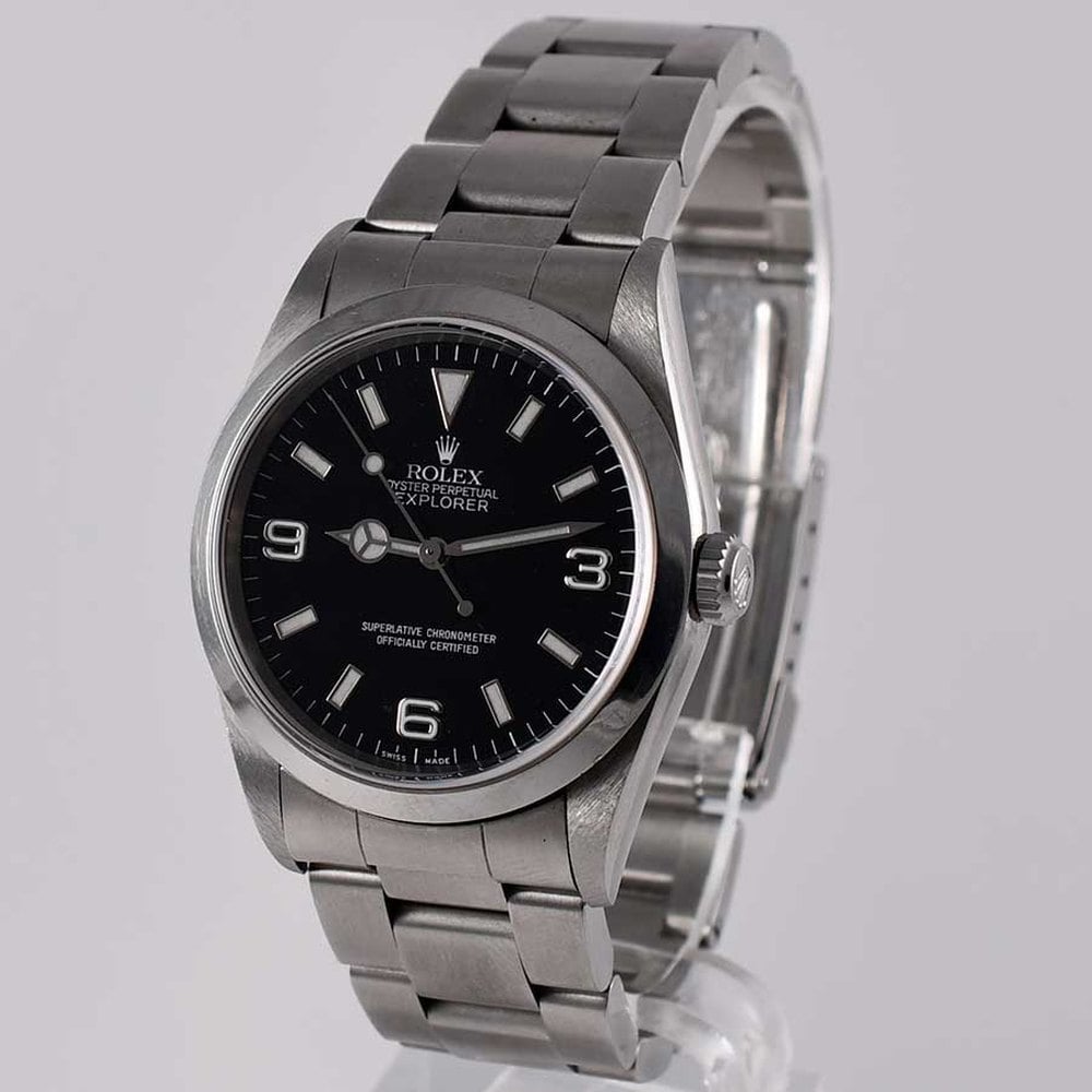 Steel Rolex Explorer with a black 3-6-9 dial on an Oyster bracelet